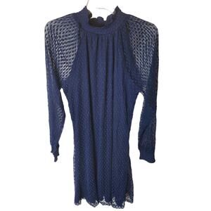 Nina Leonard Dark Blue High Neck Sheer Sleeve Dress, Large